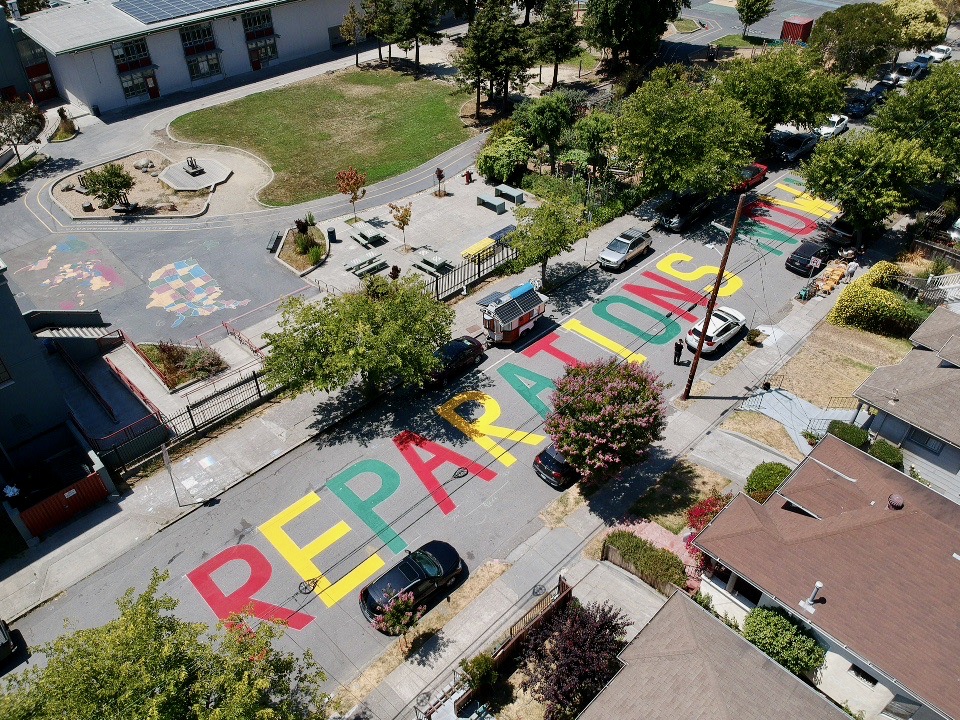 Reparations Now! mural painted on Ellis Street in South Berkeley. Photo: Todd Matthews