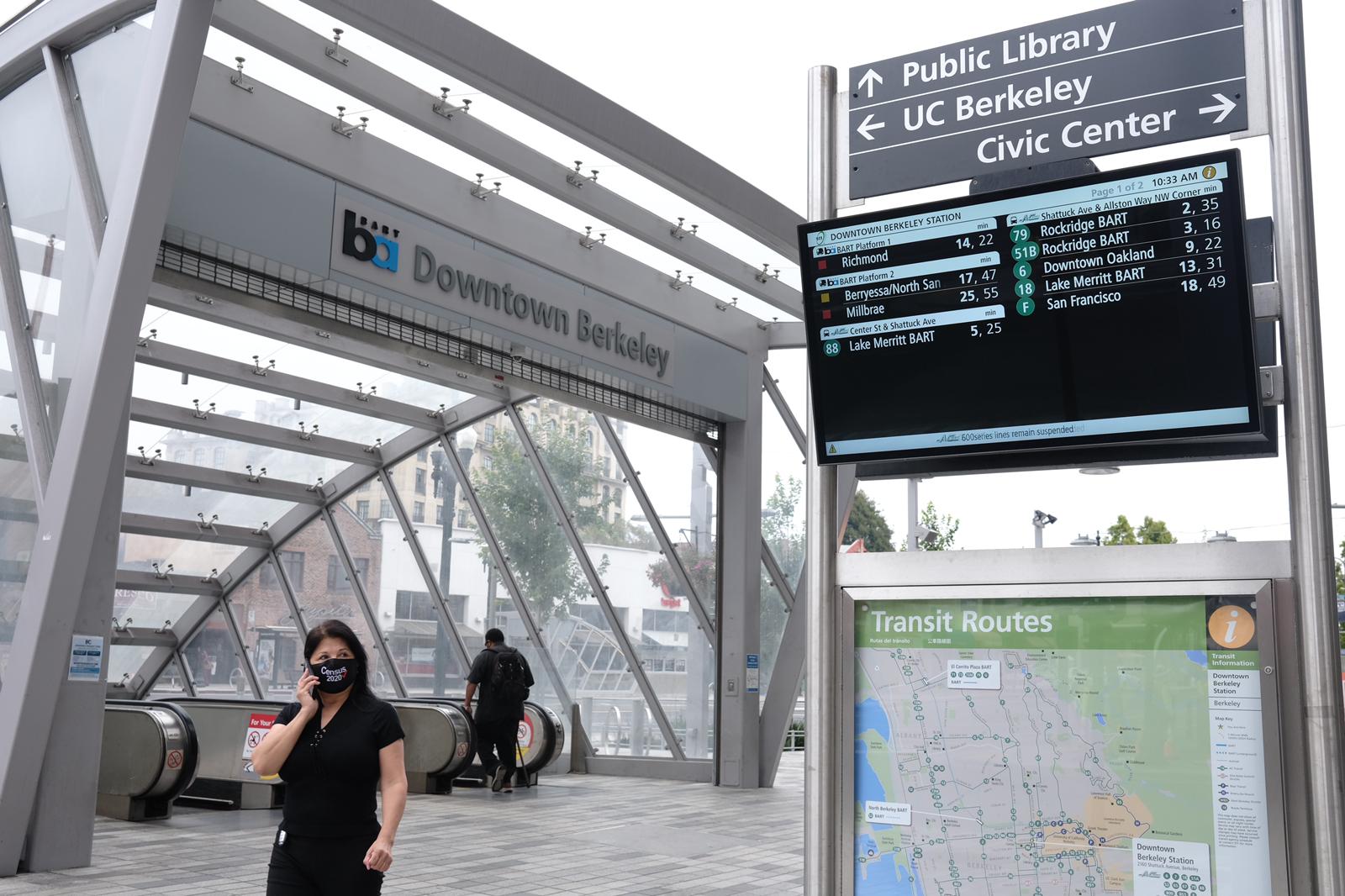 Pedestrians at the main entrance to the Downtown Berkeley BART station. August 26, 2020. Photo: Pete Rosos